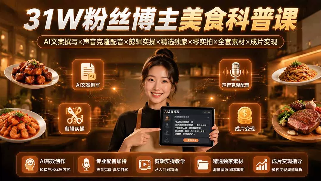31W粉丝博主美食科普课：AI文案撰写×声音克隆配音×剪辑实操×精选独家×零实拍×全套素材×成片变现客创社区-专注互联网轻资产资源整合与分享客创社区-专注互联网轻资产资源整合与分享