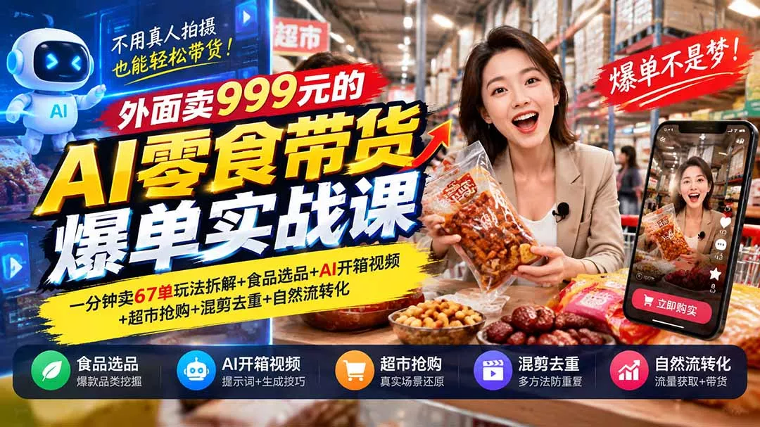 外面卖999元的AI零食带货爆单实战课|一分钟卖67单玩法拆解+食品选品+AI开箱视频+超市抢购+混剪去重+自然流转化 外面卖999元的AI零食带货爆单实战课|一分钟卖67单玩法拆解+