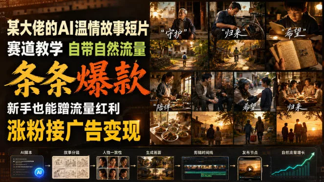 某大佬的AI温情故事短片赛道教学，自带自然流量，条条爆款，新手也能蹭流量红利，涨粉接广告变现 一点学习助手-零基础自学教程-副业项目-兴趣学习-网盘拉新平台-英语启蒙项目资源网