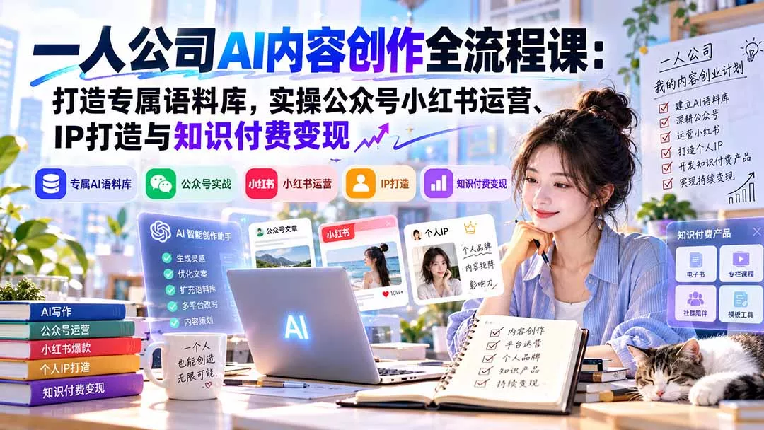 一人公司AI内容创作全流程课：打造专属语料库，实操公众号小红书运营、IP打造与知识付费变现方法论-鱼见海资源网-免费PHP网站源码模板,插件软件网创AI智能体资源分享平台！