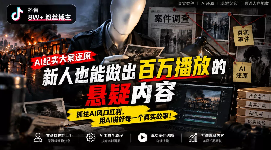 抖音8W粉丝博主的AI纪实大案还原教学，新人也能做出百W播放的悬疑内容，抓住AI风口红利，用AI讲好每一个真实故事(更新1014)-鱼见海资源网-免费PHP网站源码模板,插件软件网创AI智能体资源分享平台！