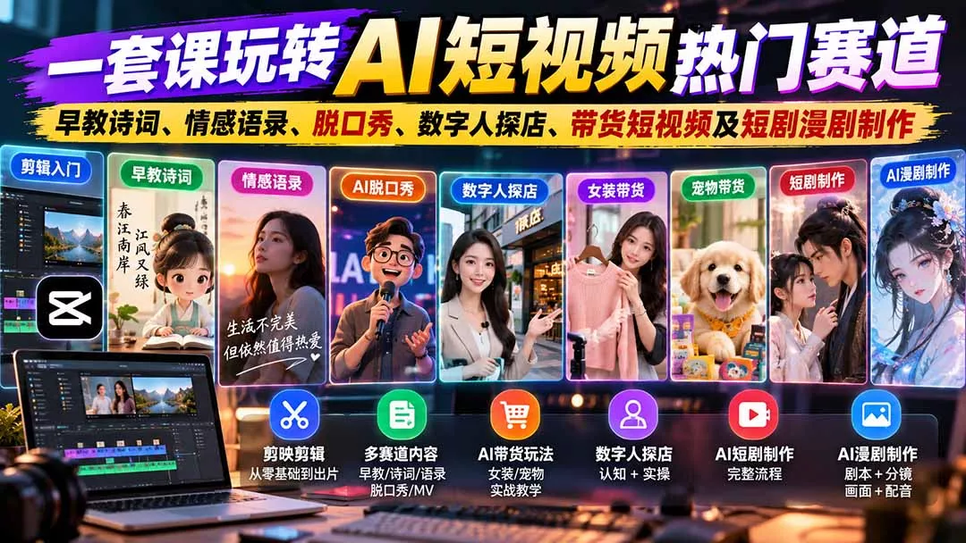 一套课玩转AI短视频热门赛道：早教诗词、情感语录、脱口秀、数字人探店、带货短视频及短剧漫剧制作 复制标题-鱼见海资源网-免费PHP网站源码模板,插件软件网创AI智能体资源分享平台！