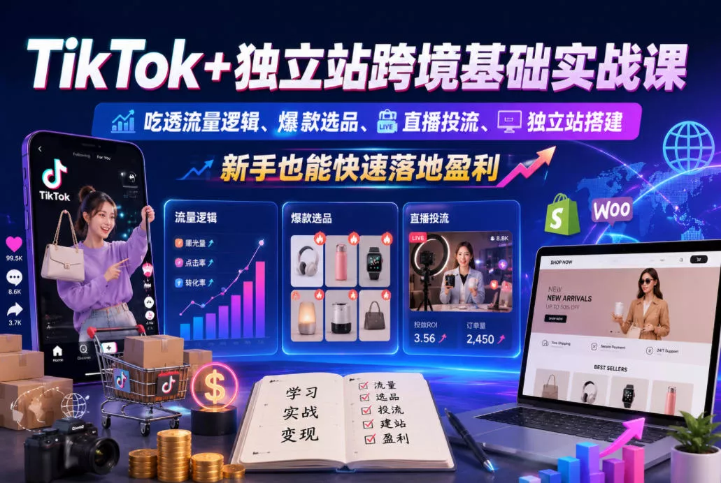TikTok+独立站跨境基础实战课，吃透流量逻辑、爆款选品、直播投流与独立站搭建，新手也能快速落地盈利客创社区-专注互联网轻资产资源整合与分享客创社区-专注互联网轻资产资源整合与分享