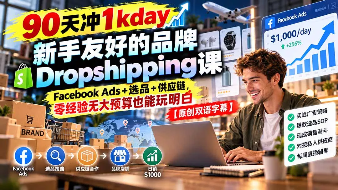 90天冲1kday 新手友好的品牌Dropshipping课：Facebook Ads+选品+供应链，零经验无大预算也能玩明白【原创双语字幕】 《鱼见海科技》-鱼见海资源网-免费PHP网站源码模板,插件软件网创AI智能体资源分享平台！