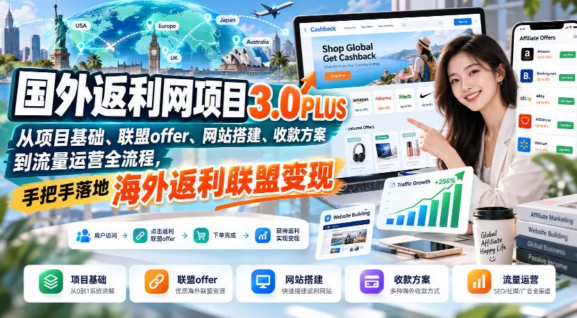 国外返利网项目3.0PLUS，从项目基础、联盟offer、网站搭建、收款方案到流量运营全流程，手把手落地海外返利联盟变现 《鱼见海科技》-鱼见海资源网-免费PHP网站源码模板,插件软件网创AI智能体资源分享平台！