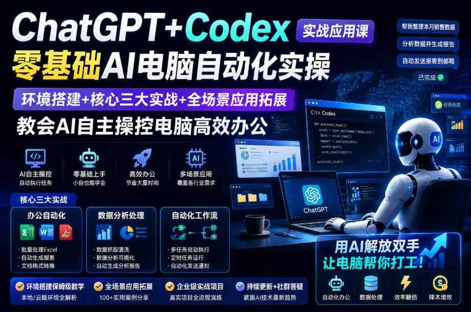 ChatGPT+Codex实战应用课｜零基础AI电脑自动化实操，环境搭建+核心三大实战+全场景应用拓展，教会AI自主操控电脑高效办公 《鱼见海科技》-鱼见海资源网-免费PHP网站源码模板,插件软件网创AI智能体资源分享平台！