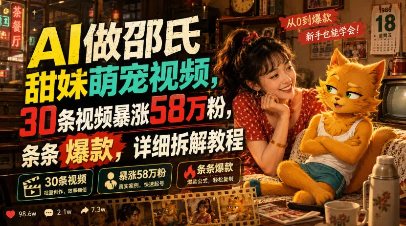 AI做邵氏甜妹萌宠视频，30条视频暴涨58万粉，条条爆款，详细拆解教程 《鱼见海科技》-鱼见海资源网-免费PHP网站源码模板,插件软件网创AI智能体资源分享平台！