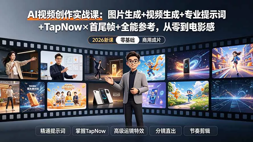 AI视频创作实战课：图片生成+视频生成+专业提示词+TapNow×首尾帧+全能参考，从零到电影感成片 《鱼见海科技》-鱼见海资源网-免费PHP网站源码模板,插件软件网创AI智能体资源分享平台！