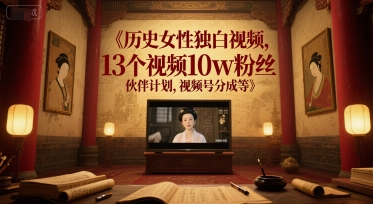 历史女性独白视频，13个视频10w粉丝，伙伴计划，视频号分成等-客创社 - 专注互联网轻资产创业及网络项目资源整合与分享客创社-免费且强大的项目分享网站！