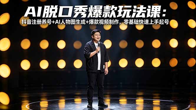 AI脱口秀爆款玩法课：抖音注册养号+AI人物图生成+爆款视频制作，零基础快速上手起号主用 -、辅助 +中赚AI网