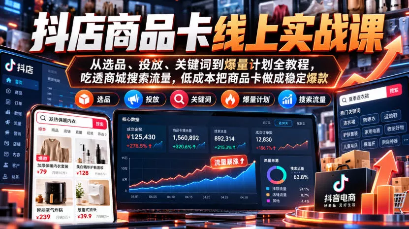 抖店商品卡线上实战课｜从选品、投放、关键词到爆量计划全教程，吃透商城搜索流量，低成本把商品卡做成稳定爆款客创社区-专注互联网轻资产资源整合与分享客创社区-专注互联网轻资产资源整合与分享