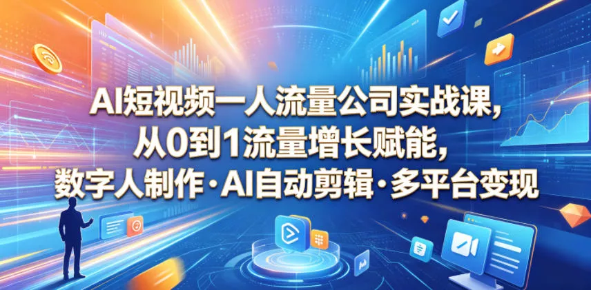 AI短视频一人流量公司实战课，从0到1流量增长赋能，数字人制作・AI自动剪辑・多平台变现，一人做流量生意全落地教程客创社区-专注互联网轻资产资源整合与分享客创社区-专注互联网轻资产资源整合与分享