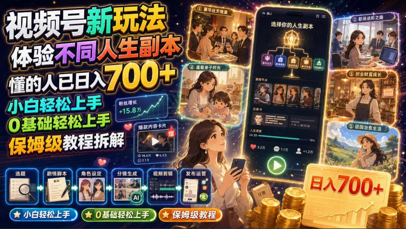 视频号新玩法体验不同人生副本,懂的人已日入700+,小白轻松上手,0基础轻松上手,保姆级教程拆解主用 -、辅助 +中赚AI网