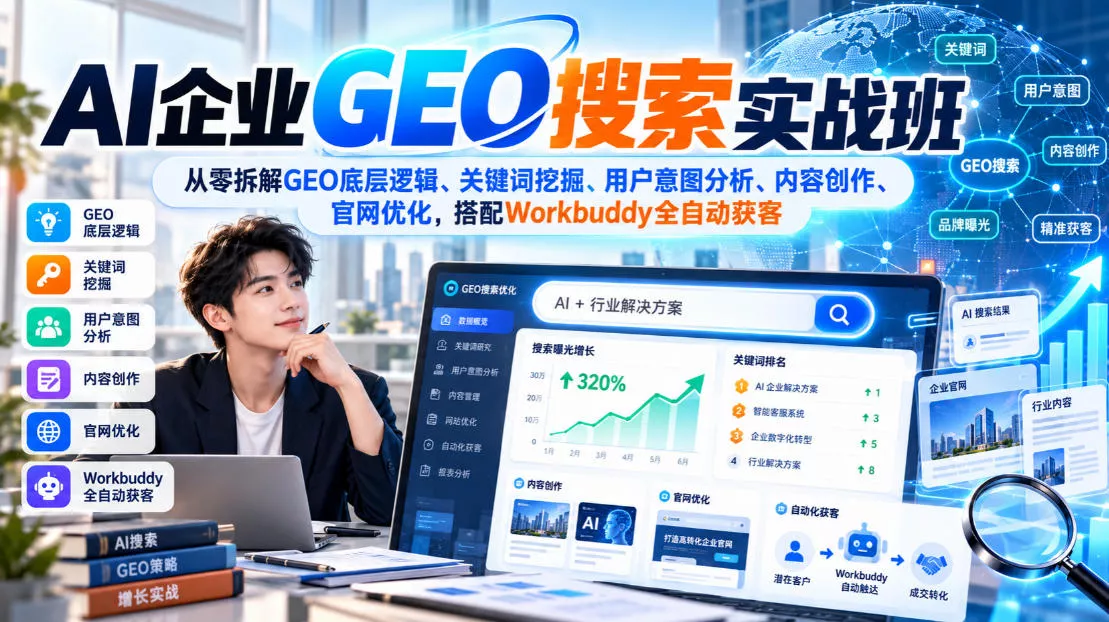 AI企业GEO搜索实战班，从零拆解GEO底层逻辑、关键词挖掘、用户意图分析、内容创作、官网优化，搭配Workbuddy全自动获客星享资源网星享资源网