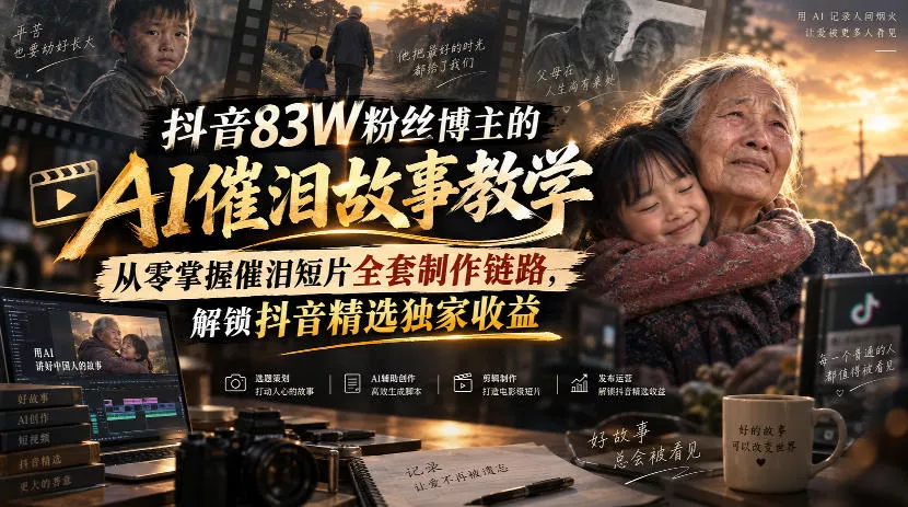 抖音83W粉丝博主的AI催泪故事教学，从零掌握催泪短片全套制作链路，解锁抖音精选独家收益 《鱼见海科技》-鱼见海资源网-免费PHP网站源码模板,插件软件网创AI智能体资源分享平台！