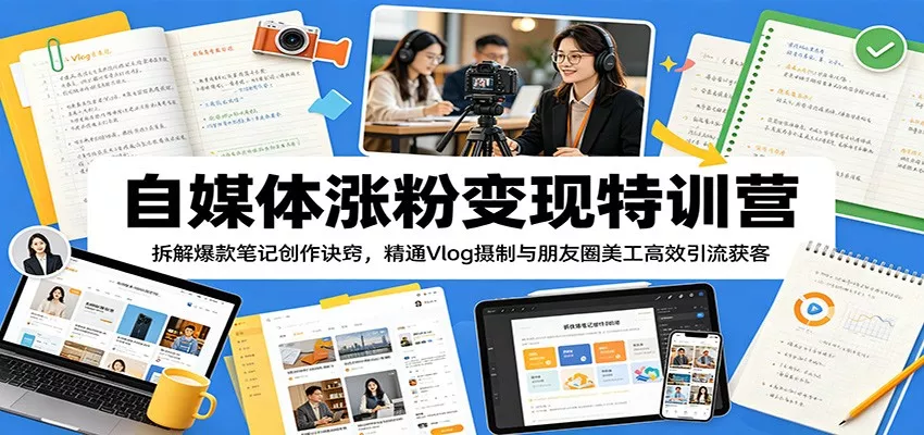 自媒体涨粉变现特训营：拆解爆款笔记创作诀窍，精通Vlog摄制与朋友圈美工高效引流获客 《鱼见海科技》-鱼见海资源网-免费PHP网站源码模板,插件软件网创AI智能体资源分享平台！