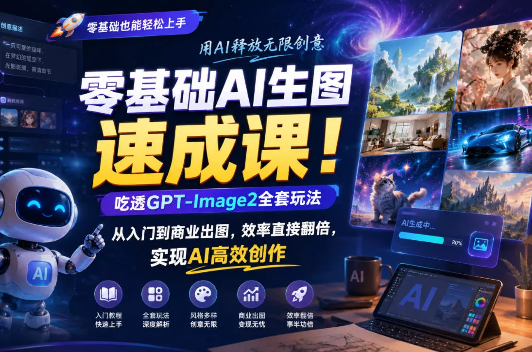 零基础AI生图速成课！吃透GPT-Image2全套玩法，从入门到商业出图，效率直接翻倍，实现AI高效创作 《鱼见海科技》-鱼见海资源网-免费PHP网站源码模板,插件软件网创AI智能体资源分享平台！