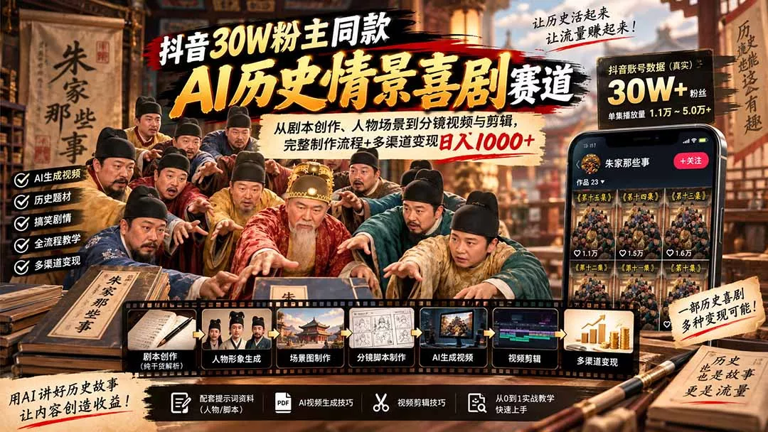 抖音30W粉博主同款AI历史情景喜剧赛道：从剧本创作、人物场景到分镜视频与剪辑，完整制作流程+多渠道变现日入1000+ 《鱼见海科技》-鱼见海资源网-免费PHP网站源码模板,插件软件网创AI智能体资源分享平台！