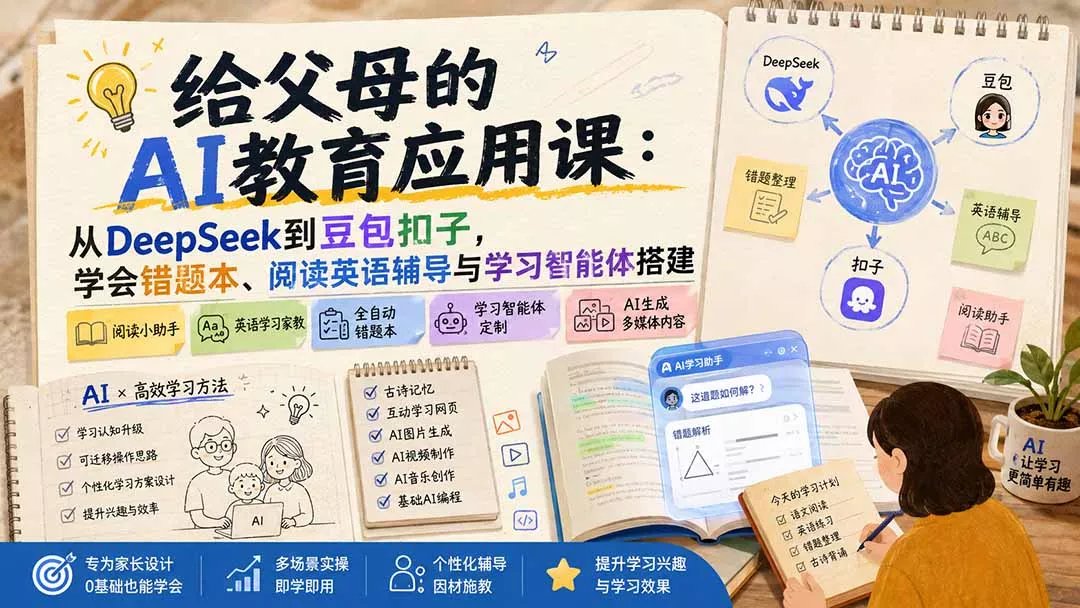给父母的AI教育应用课：从DeepSeek到豆包扣子，学会错题本、阅读英语辅导与学习智能体搭建-鱼见海资源网-免费PHP网站源码模板,插件软件网创AI智能体资源分享平台！