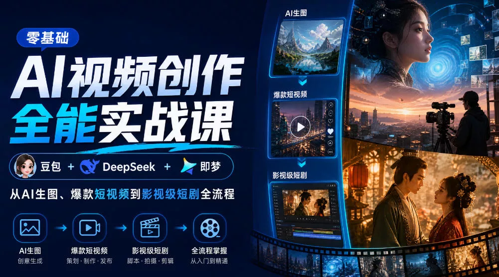 零基础AI视频创作全能实战课｜豆包+DeepSeek+即梦，从AI生图、爆款短视频到影视级短剧全流程 《鱼见海科技》-鱼见海资源网-免费PHP网站源码模板,插件软件网创AI智能体资源分享平台！