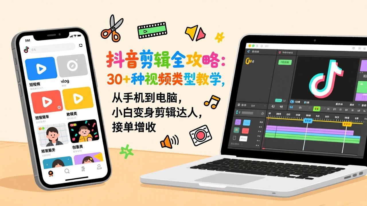 抖音剪辑全攻略：30+种视频类型教学，从手机到电脑，小白变身剪辑达人，接单增收主用 -、辅助 +中赚资源