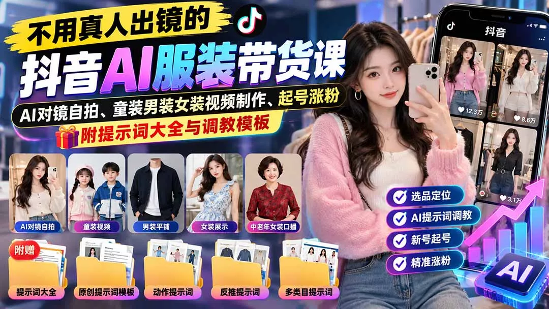 不用真人出镜的抖音AI服装带货课：AI对镜自拍、童装男装女装视频制作、起号涨粉，附提示词大全与调教模板-鱼见海资源网-免费PHP网站源码模板,插件软件网创AI智能体资源分享平台！