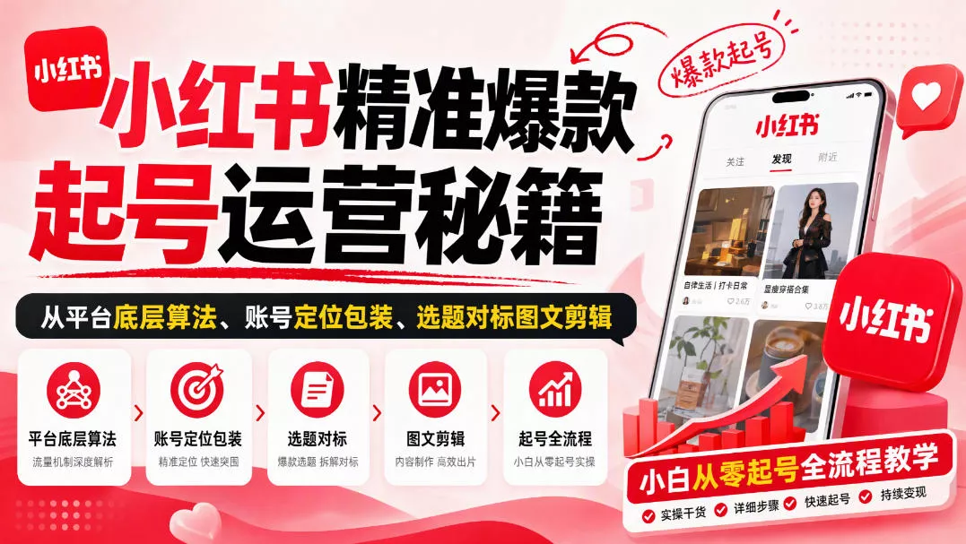 小红书精准爆款起号运营秘籍，从平台底层算法、账号定位包装、选题对标图文剪辑，小白从零起号全流程星享资源网HS游戏库