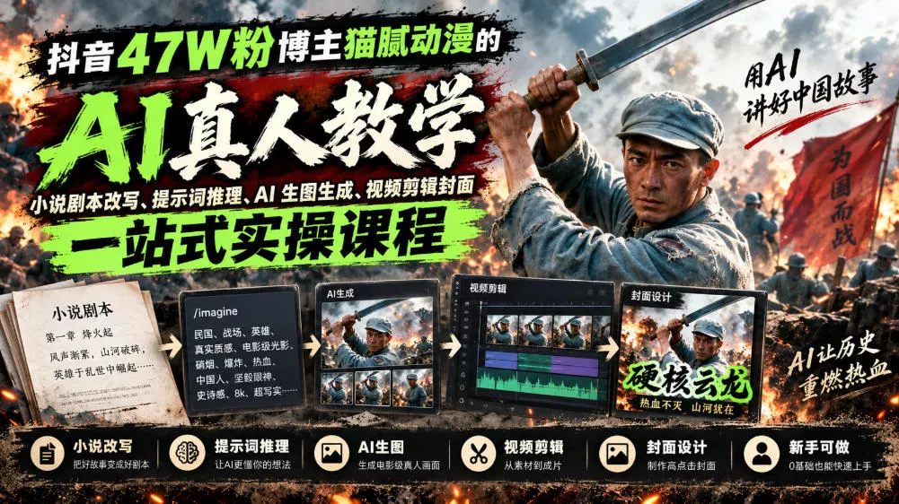 抖音47W粉博主猫腻动漫的AI真人漫剧教学，小说剧本改写、提示词推理、AI生图生成、视频剪辑封面一站式实操课程客创社区-专注互联网轻资产资源整合与分享客创社区-专注互联网轻资产资源整合与分享