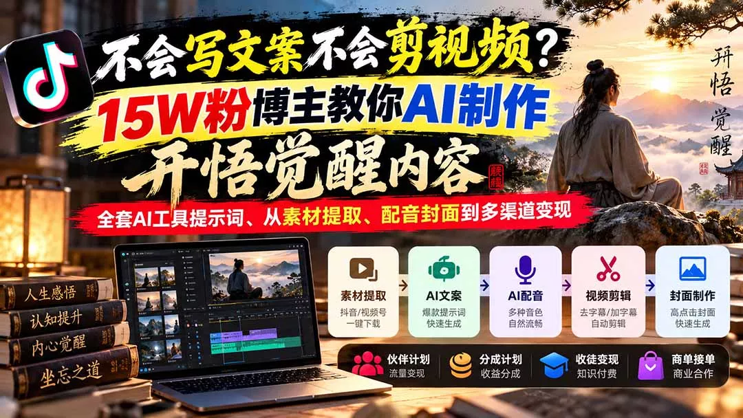 不会写文案不会剪视频？15W粉博主教你AI制作开悟觉醒内容，全套AI工具提示词、从素材提取、配音封面到多渠道变现客创社区-专注互联网轻资产资源整合与分享客创社区-专注互联网轻资产资源整合与分享