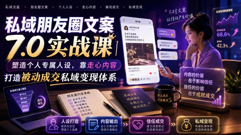 私域朋友圈文案7.0实战课｜塑造个人专属人设，靠走心内容打造被动成交私域变现体系 《鱼见海科技》-鱼见海资源网-免费PHP网站源码模板,插件软件网创AI智能体资源分享平台！