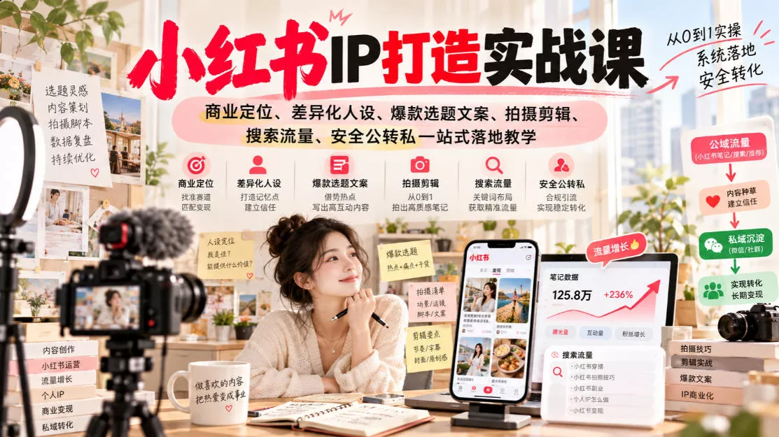 小红书ip打造实战课，商业定位、差异化人设、爆款选题文案、拍摄剪辑、搜索流量、安全公转私一站式落地教学 《鱼见海科技》-鱼见海资源网-免费PHP网站源码模板,插件软件网创AI智能体资源分享平台！