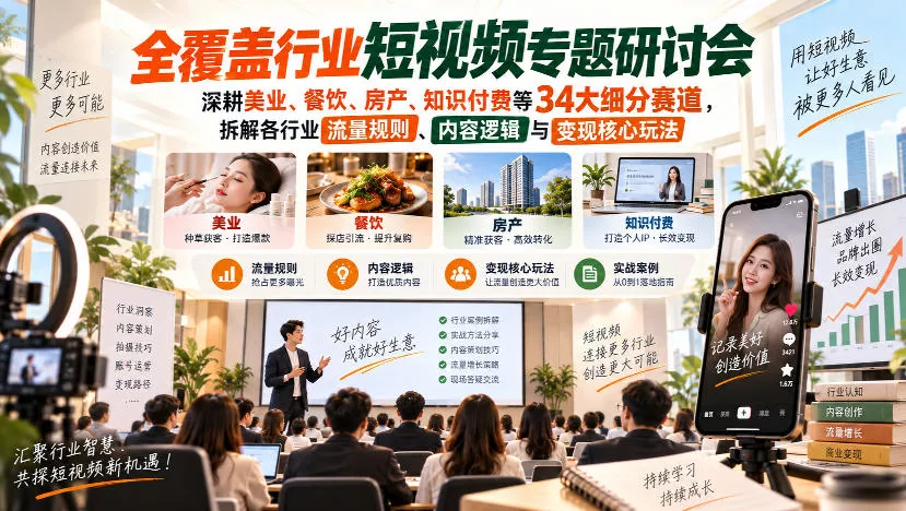 短视频专题研讨会，深耕美业、餐饮、房产、知识付费等34大细分赛道，拆解各行业流量规则、内容逻辑与变现核心玩法星享资源网星享资源网