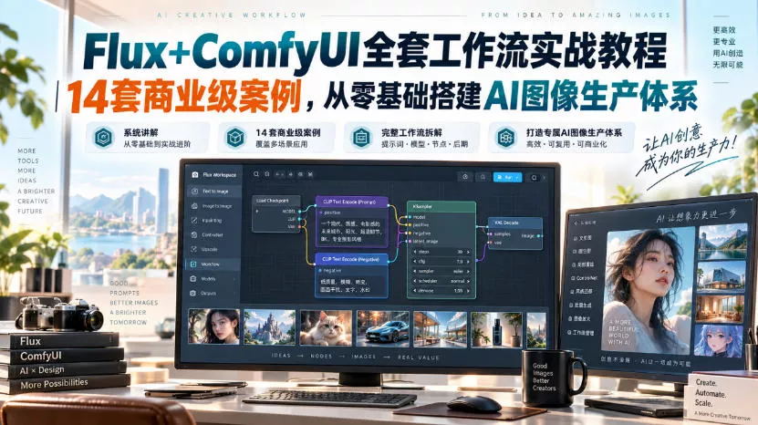 Flux+ComfyUI全套工作流实战教程｜14套商业级案例，从零基础搭建AI图像生产体系主用 -、辅助 +中赚AI网
