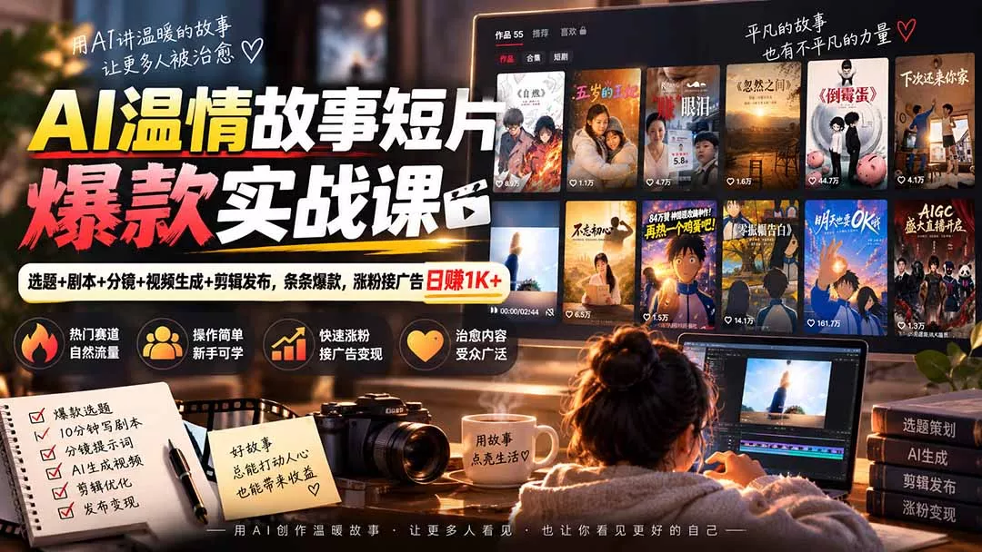 AI温情故事短片爆款实战课-更新｜选题+剧本+分镜+视频生成+剪辑发布，条条爆款，涨粉接广告日赚1K+ 《鱼见海科技》-鱼见海资源网-免费PHP网站源码模板,插件软件网创AI智能体资源分享平台！
