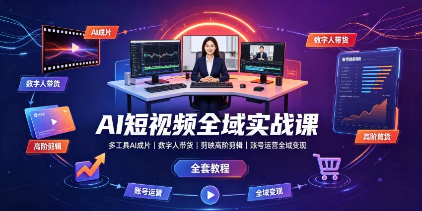 AI短视频全域实战课｜多工具AI成片、数字人带货、剪映高阶剪辑、账号运营全域变现全套教程 《鱼见海科技》-鱼见海资源网-免费PHP网站源码模板,插件软件网创AI智能体资源分享平台！