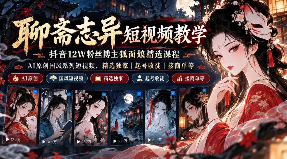 聊斋志异短视频教学，抖音12W粉丝博主狐面娘精选课程，AI原创国风系列短视频，精选独家丨起号收徒丨接商单等-鱼见海资源网-免费PHP网站源码模板,插件软件网创AI智能体资源分享平台！