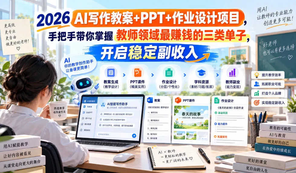 2026 AI写作教案+PPT+作业设计项目，手把手带你掌握教师领域最賺钱的三类单子，开启稳定副收入 《鱼见海科技》-鱼见海资源网-免费PHP网站源码模板,插件软件网创AI智能体资源分享平台！
