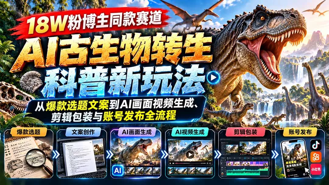 18W粉博主同款赛道-AI古生物转生科普新玩法：从爆款选题文案到AI画面视频生成、剪辑包装与账号发布全流程 《鱼见海科技》-鱼见海资源网-免费PHP网站源码模板,插件软件网创AI智能体资源分享平台！