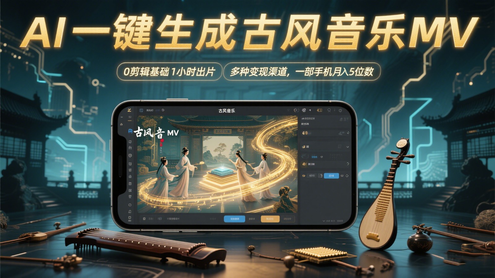 AI一键生成古风音乐MV，0剪辑基础1小时出片，多种变现渠道，一部手机月入5位数-客创社 - 专注互联网轻资产创业及网络项目资源整合与分享客创社-免费且强大的项目分享网站！