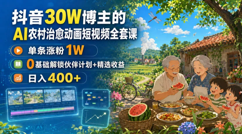 抖音30W博主的AI农村改善动画短视频全套课|单条涨粉1W,0基础解锁伙伴计划+精选收益,日入400+ 抖音30W博主的AI农村改善动画短视频全套课|单条涨粉1W,0基