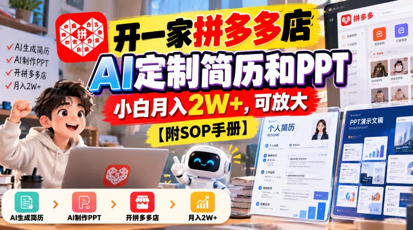 开一家拼多多店,AI定制简历和PPT,小白月入2W+,可放大【附SOP手册】【揭秘】主用 -、辅助 +中赚AI网