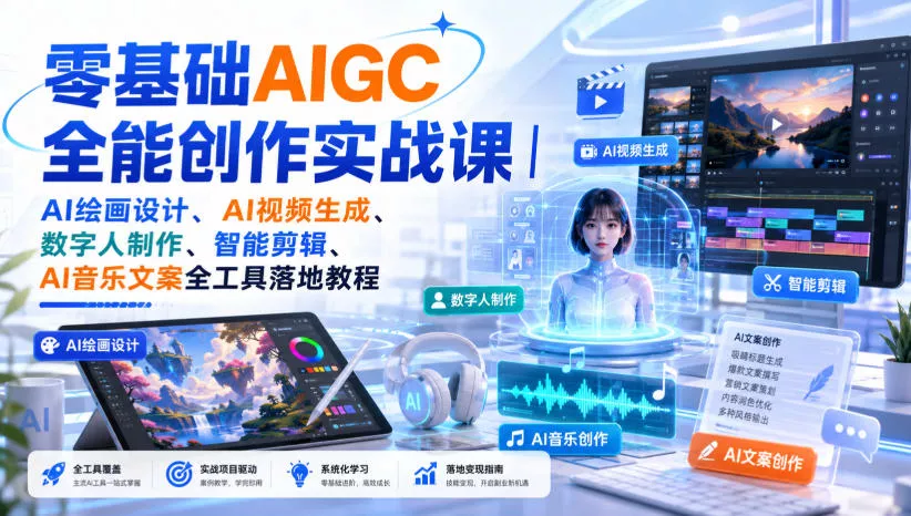 零基础AIGC全能创作实战课｜AI绘画设计、AI视频生成、数字人制作、智能剪辑、AI音乐文案全工具落地教程客创社区-专注互联网轻资产资源整合与分享客创社区-专注互联网轻资产资源整合与分享