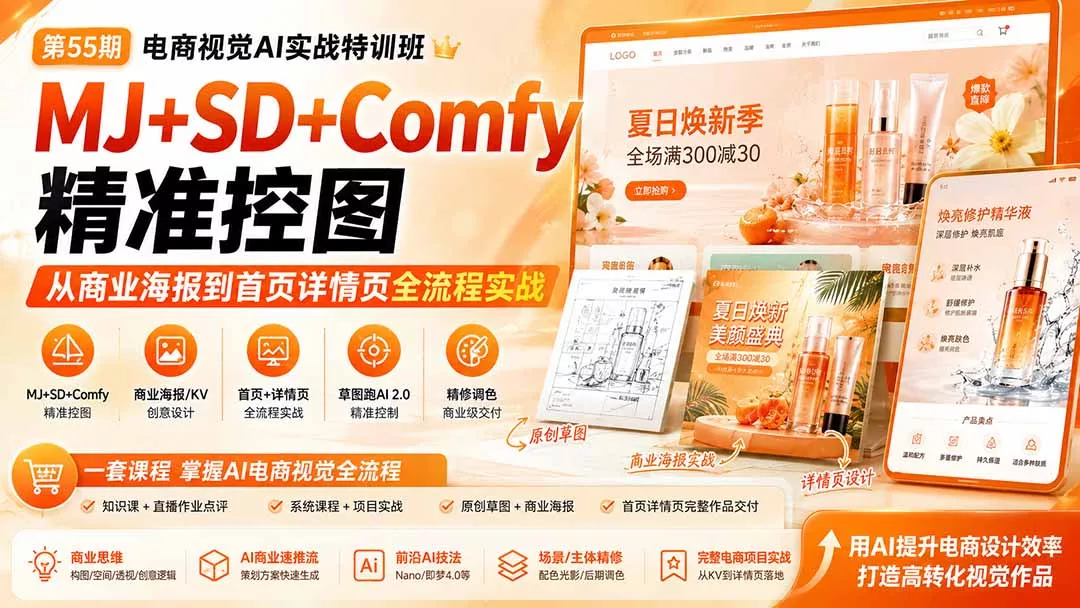 电商视觉 AI实战训练营第55期：MJ+SD+Comfy精准控图，从商业海报到首页详情页全流程实战 《鱼见海科技》-鱼见海资源网-免费PHP网站源码模板,插件软件网创AI智能体资源分享平台！