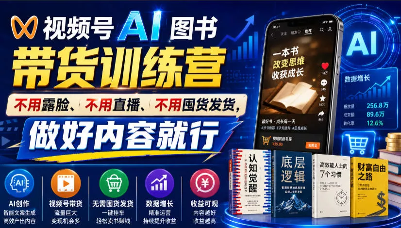 视频号AI图书带货训练营,不用露脸、不用直播、不用囤货发货,做好内容就行,一条爆款视频佣金8942-软件百科