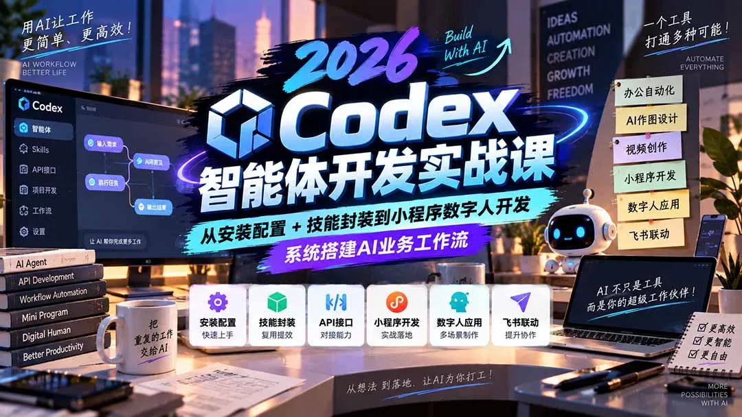 2026Codex智能体开发实战课:从安装配置+技能封装到小程序数字人开发,系统搭建AI业务工作流 2026Codex智能体开发实战课:从安装配置+技能封装到小程序