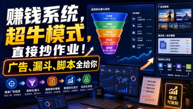 賺钱系统，超牛模式，直接抄作业！广告、漏斗、脚本全给你【原创双语字幕】 《鱼见海科技》-鱼见海资源网-免费PHP网站源码模板,插件软件网创AI智能体资源分享平台！