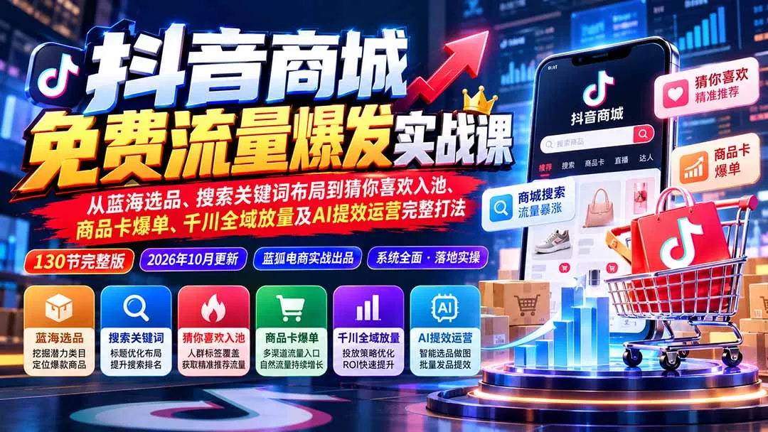 抖音商城免费流量爆发实战：从蓝海选品、搜索关键词布局到猜你喜欢入