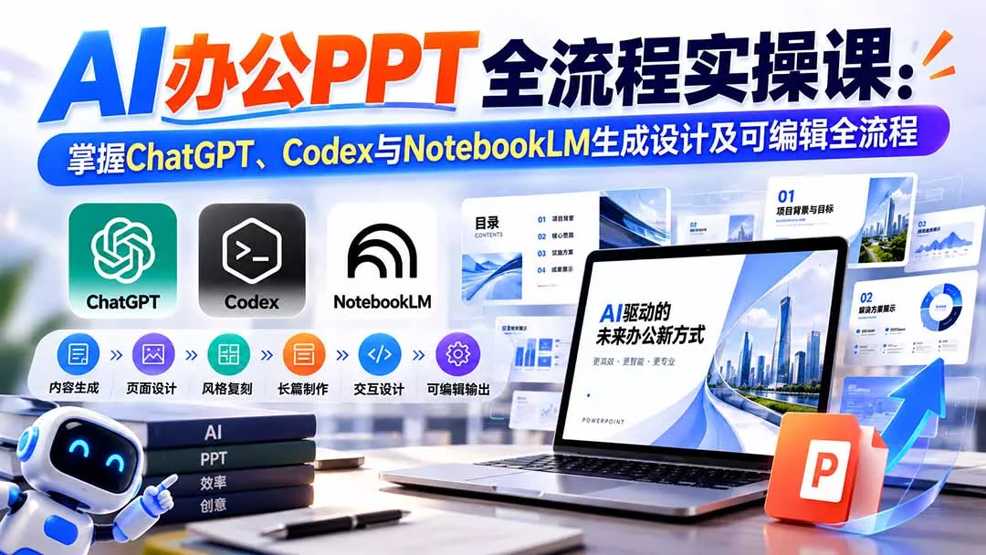 【无水印】AI办公PPT全流程实操课： 掌握ChatGPT、Codex与NotebookLM生成设计及可编辑全流程 《鱼见海科技》-鱼见海资源网-免费PHP网站源码模板,插件软件网创AI智能体资源分享平台！