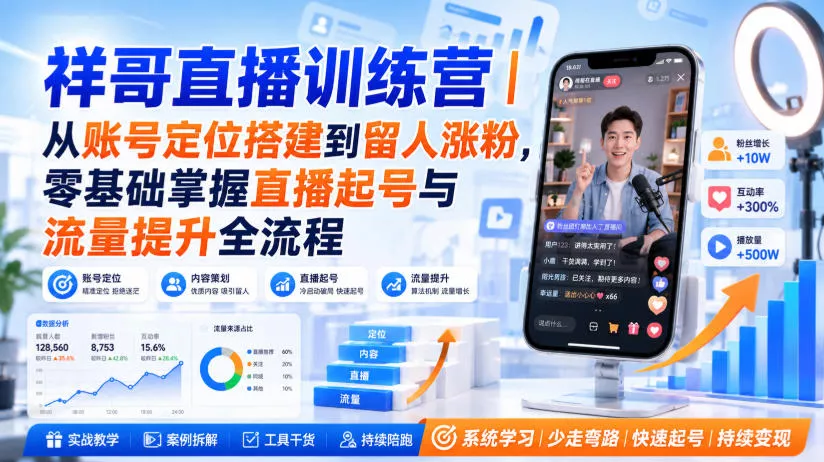 祥哥直播训练营｜从账号定位搭建到留人涨粉，零基础掌握直播起号与流量提升全流程-鱼见海资源网-免费PHP网站源码模板,插件软件网创AI智能体资源分享平台！