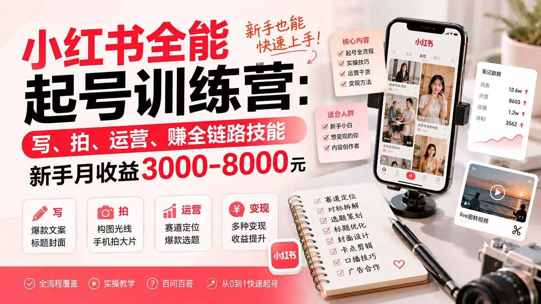 小红书全能起号训练营-更新：写、拍、运营、赚全链路技能，新手月收